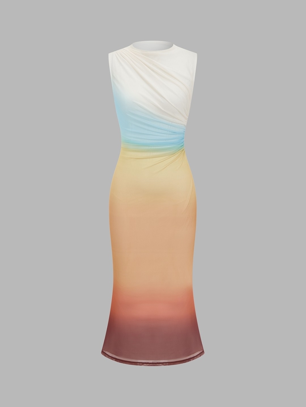 Commense Sleeveless Ombre Midi Dress in Cream, Blue & Peach-Red Gradient